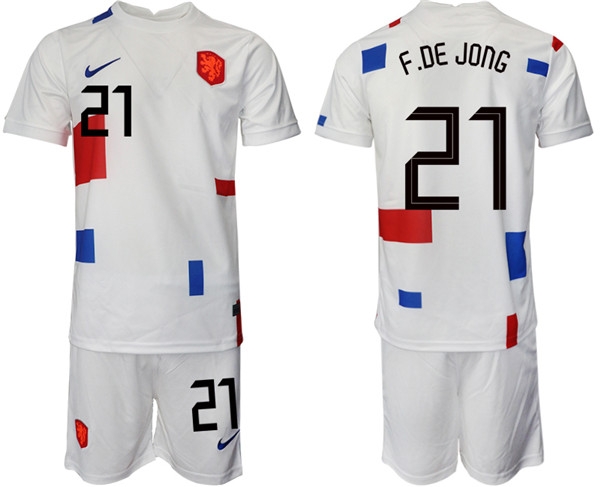 Men's Netherlands #21 F.de Jong White Away Soccer Jersey Suit